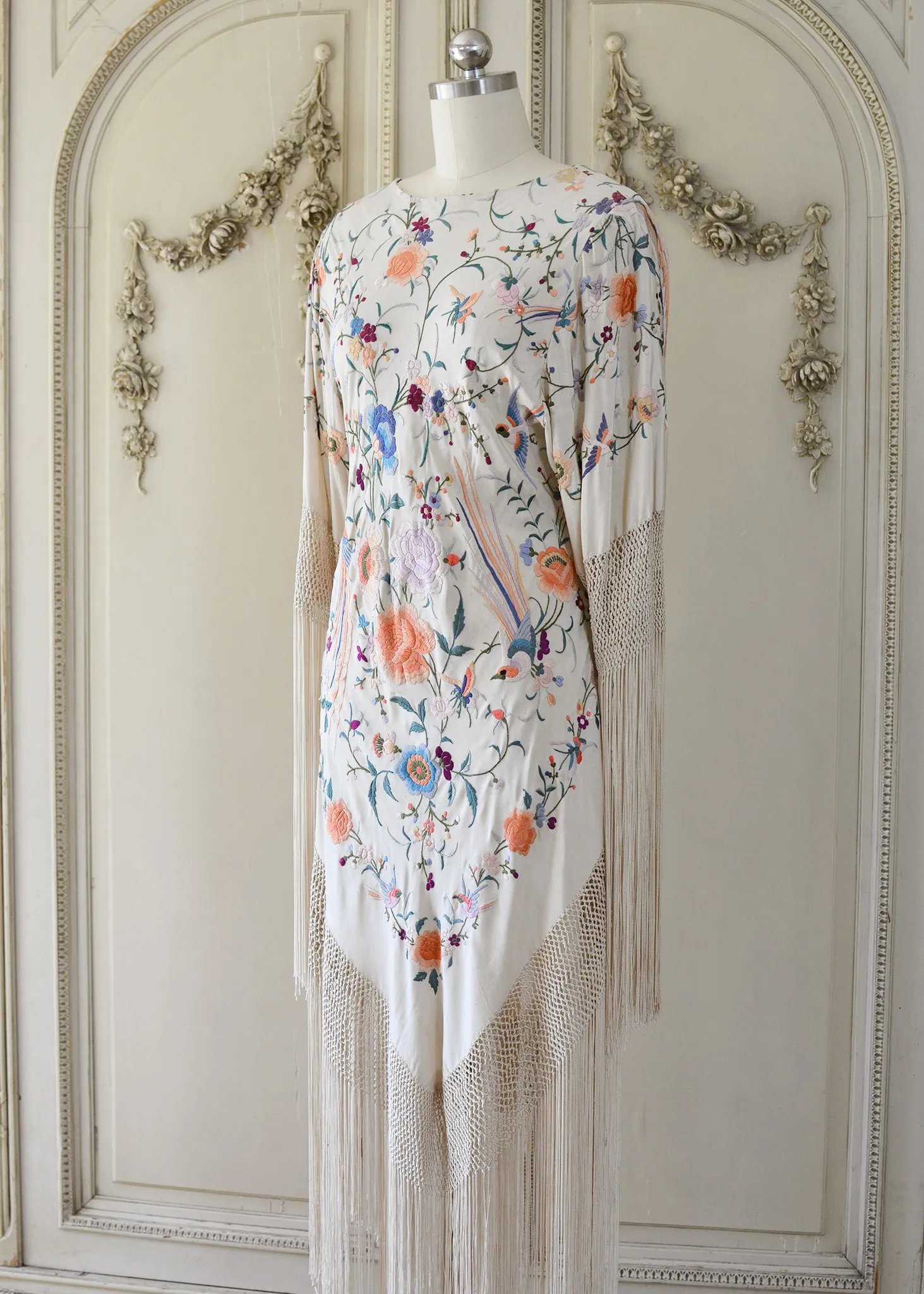 Francoise Antique Hand Embroidered Silk Crepe Parisian Garden Dress with Birds