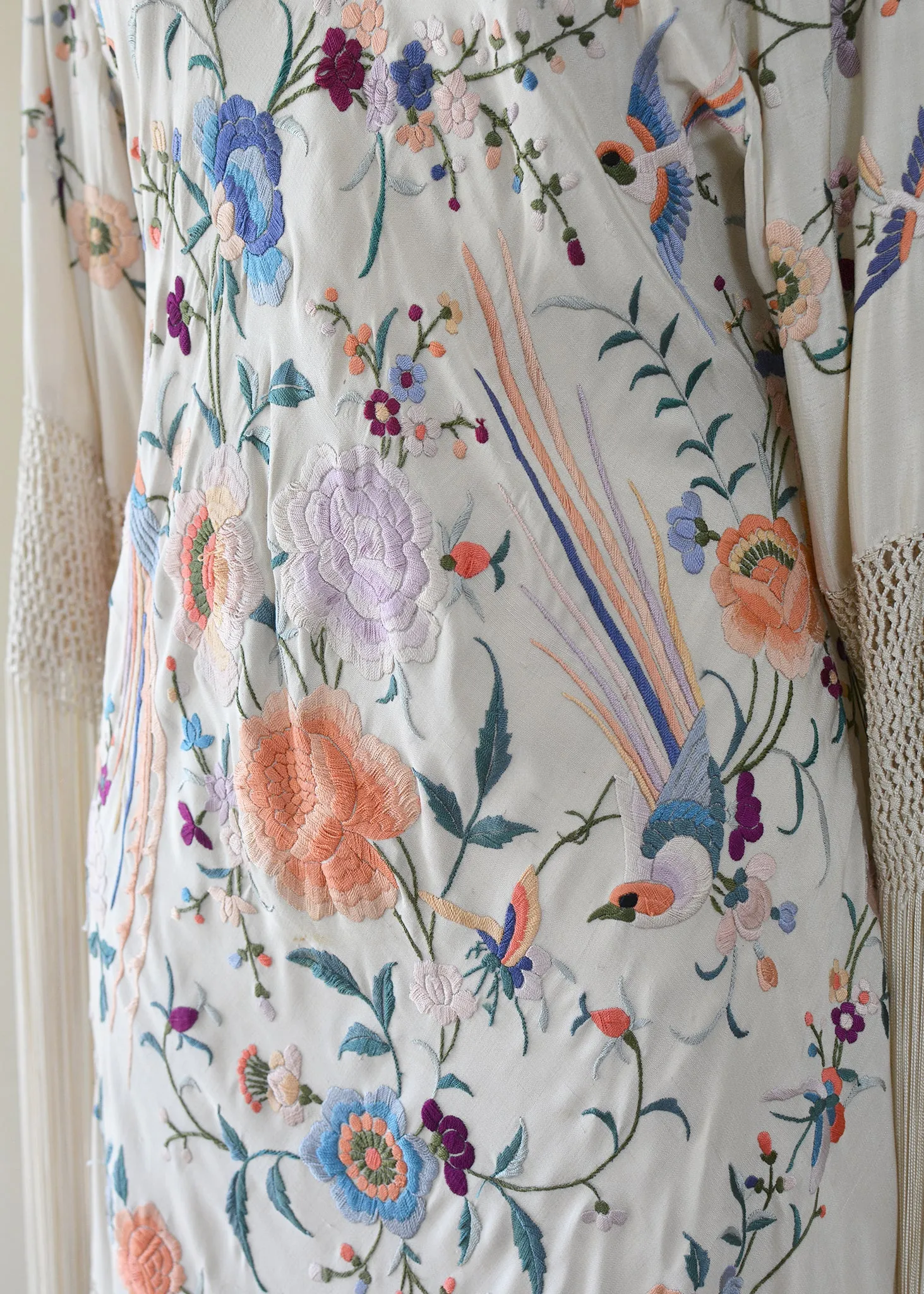 Francoise Antique Hand Embroidered Silk Crepe Parisian Garden Dress with Birds