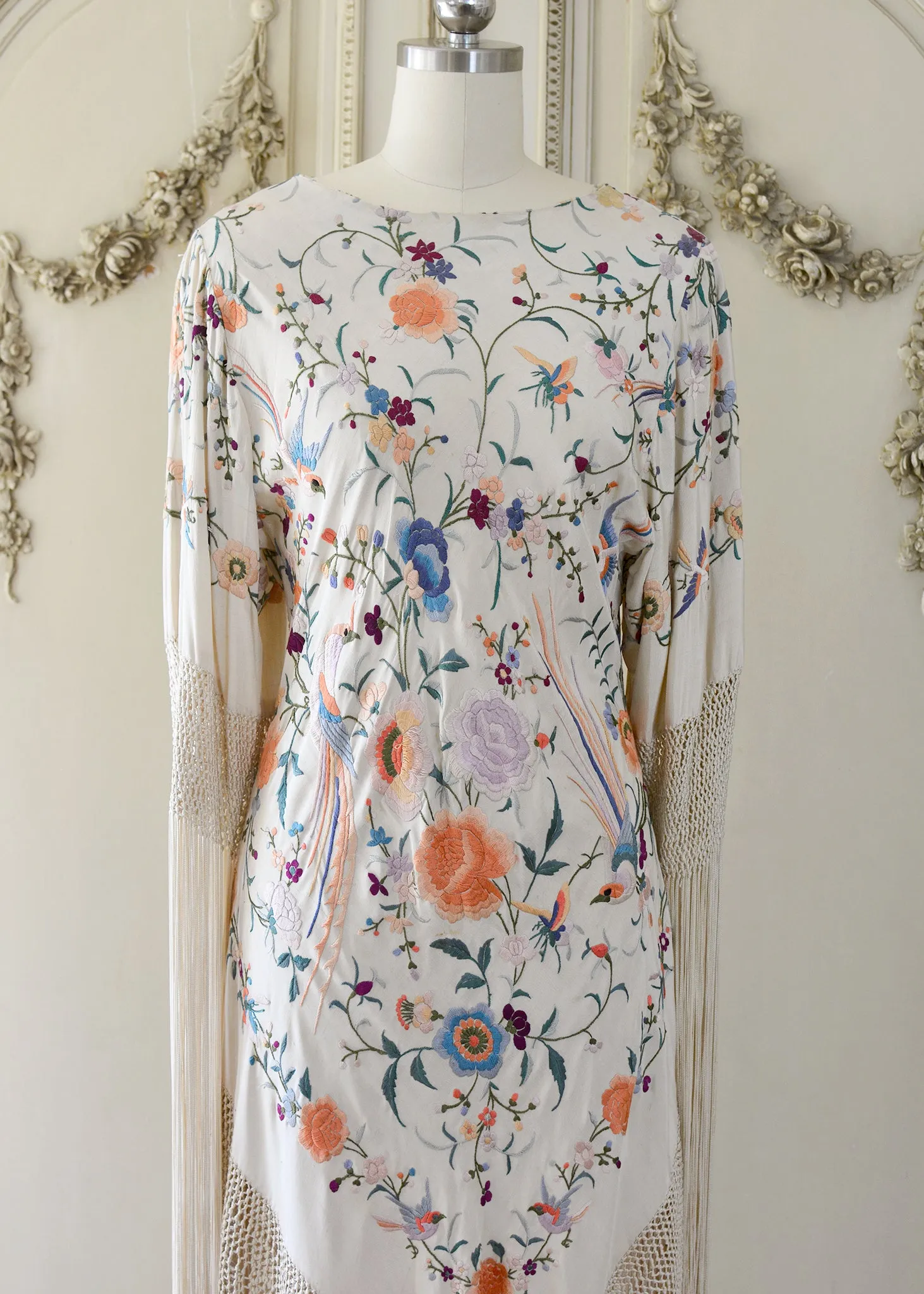 Francoise Antique Hand Embroidered Silk Crepe Parisian Garden Dress with Birds