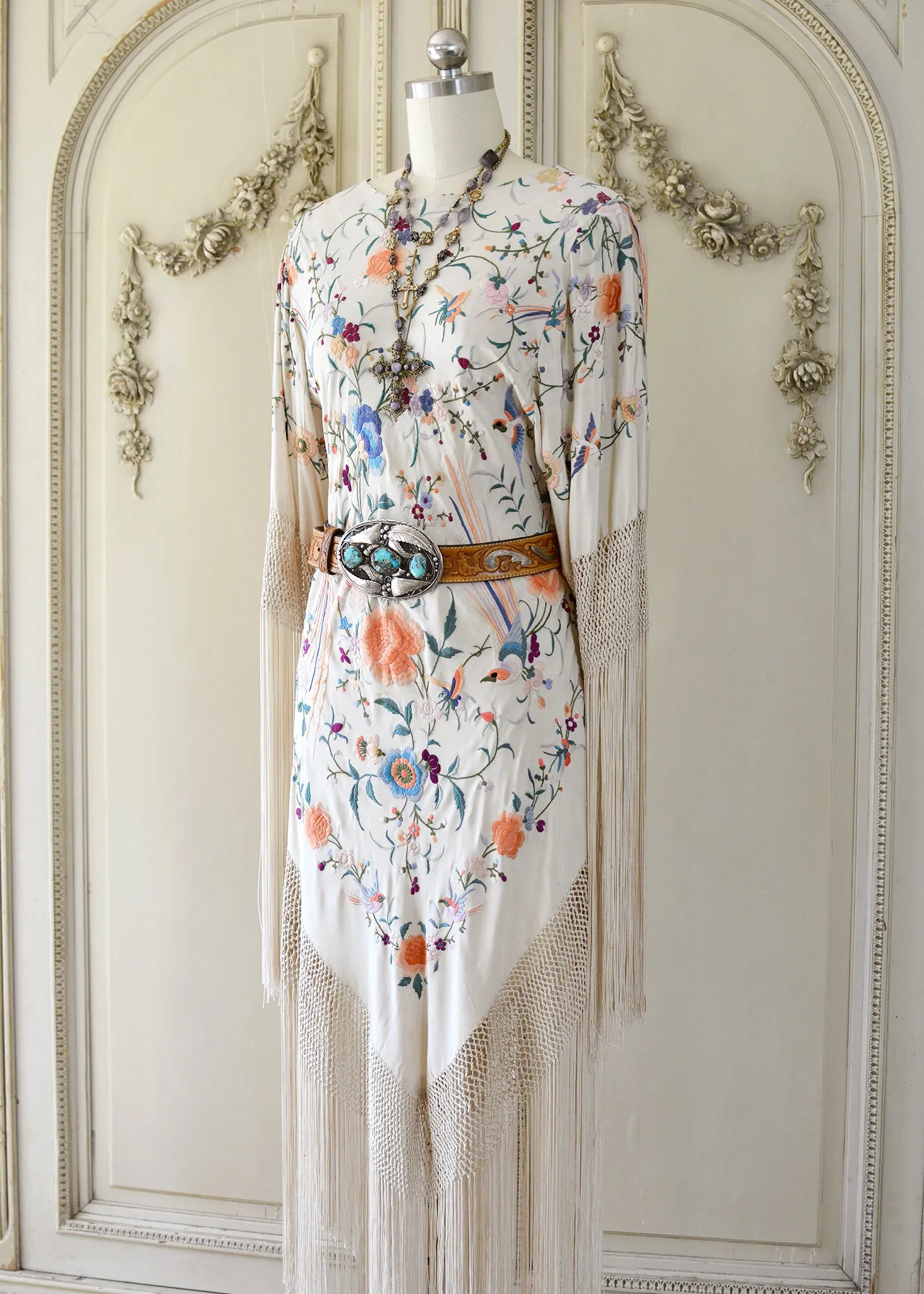 Francoise Antique Hand Embroidered Silk Crepe Parisian Garden Dress with Birds