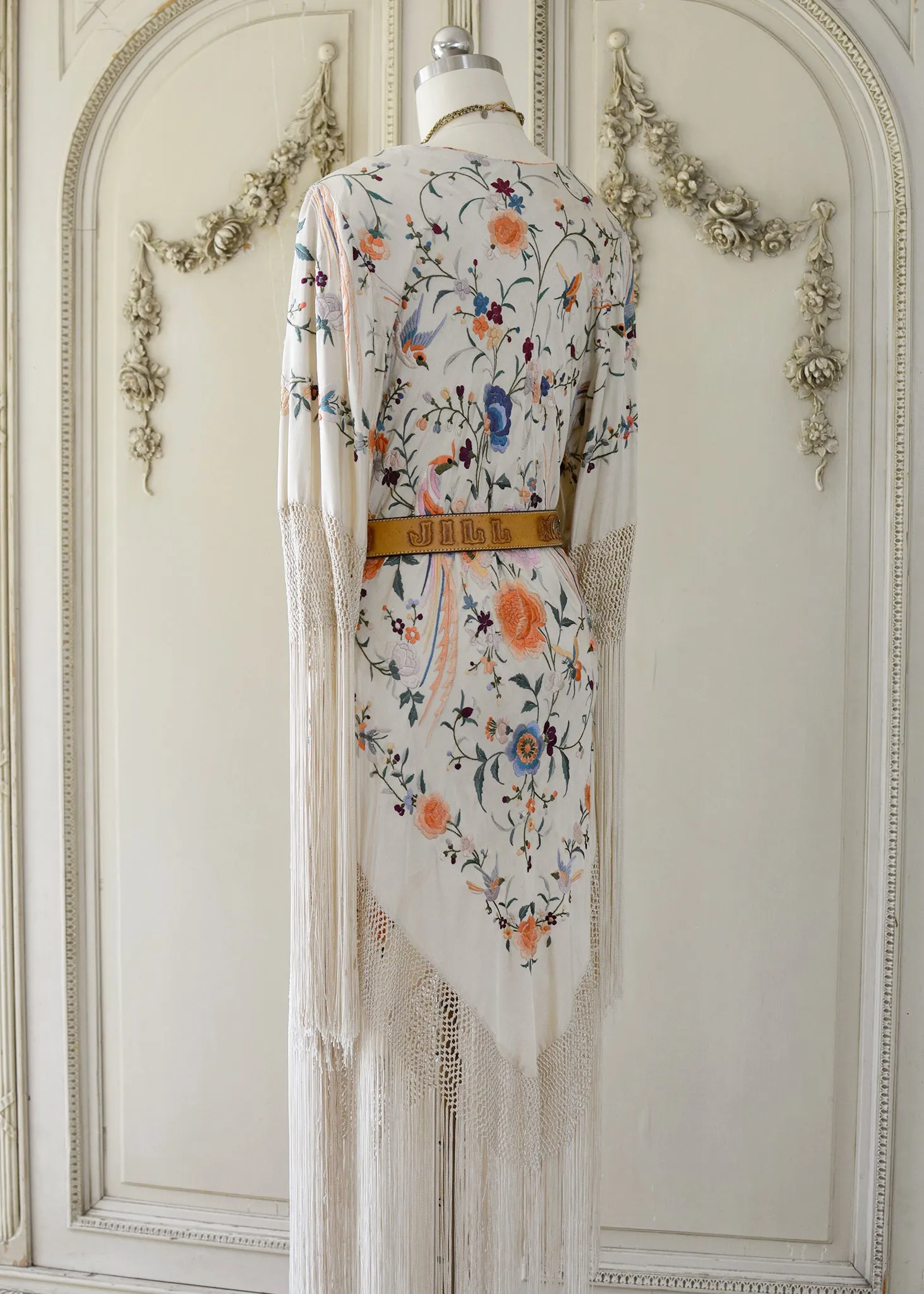 Francoise Antique Hand Embroidered Silk Crepe Parisian Garden Dress with Birds