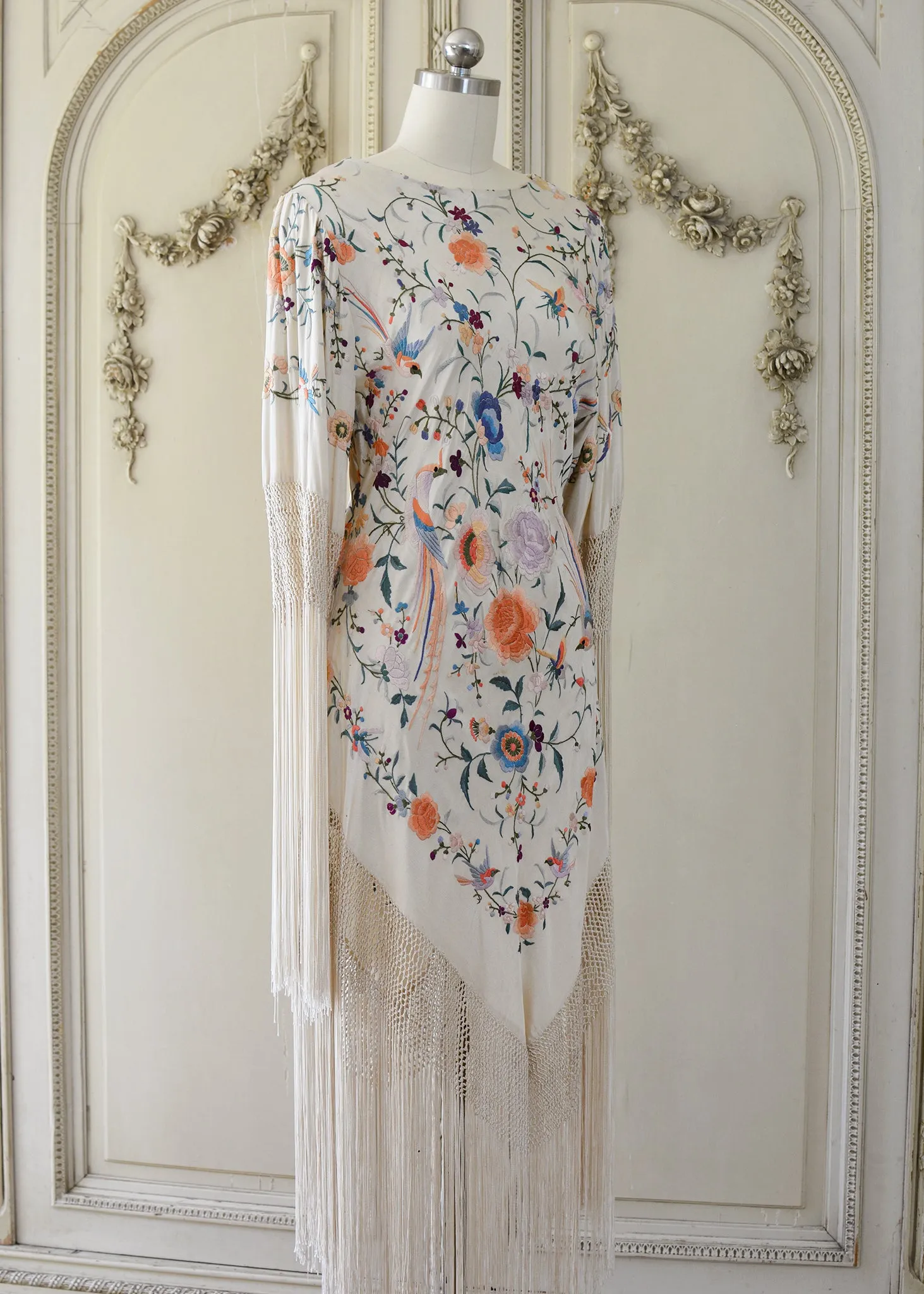 Francoise Antique Hand Embroidered Silk Crepe Parisian Garden Dress with Birds