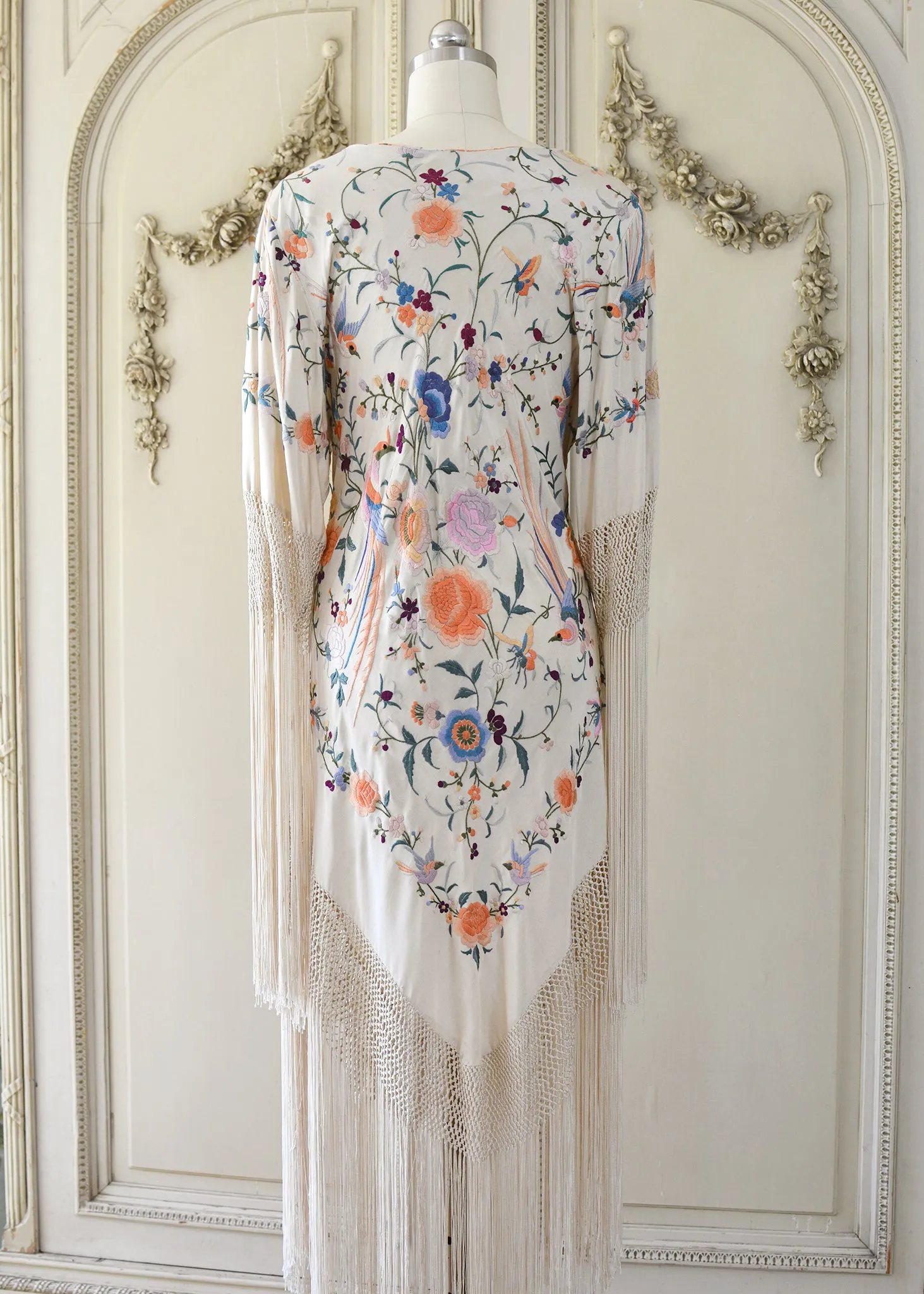 Francoise Antique Hand Embroidered Silk Crepe Parisian Garden Dress with Birds