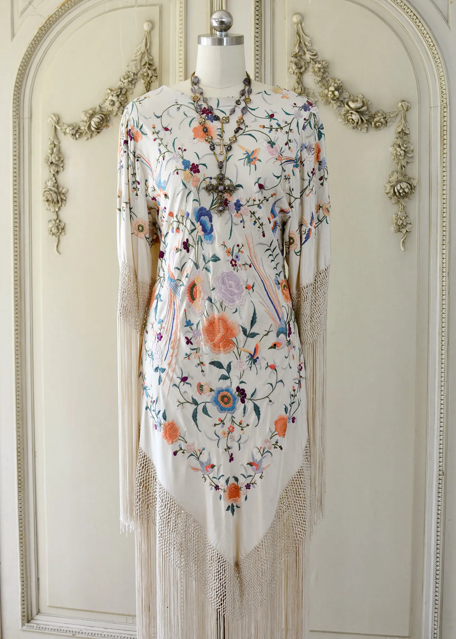 Francoise Antique Hand Embroidered Silk Crepe Parisian Garden Dress with Birds