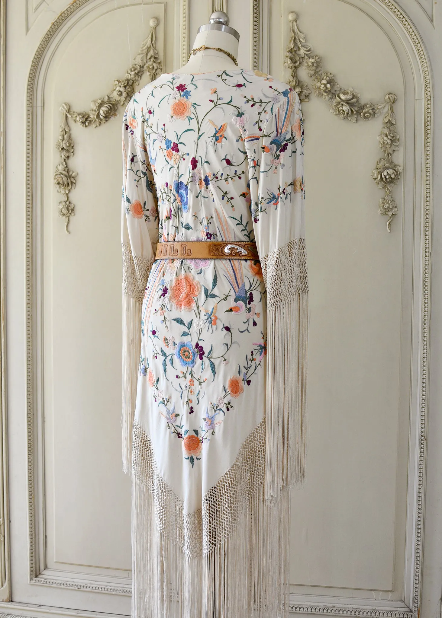 Francoise Antique Hand Embroidered Silk Crepe Parisian Garden Dress with Birds