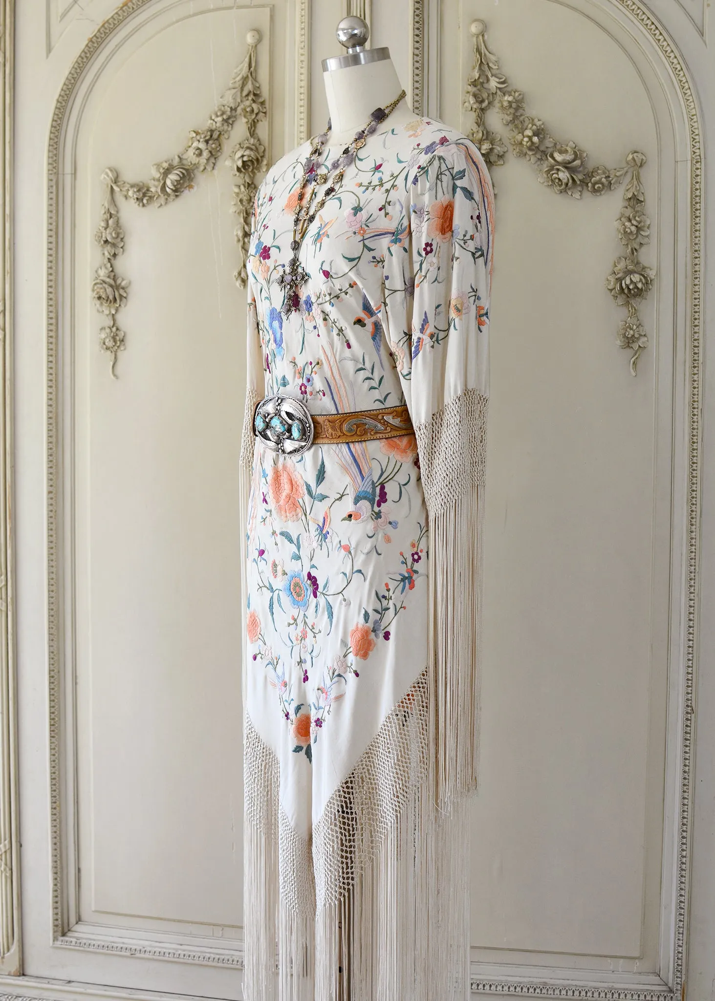 Francoise Antique Hand Embroidered Silk Crepe Parisian Garden Dress with Birds