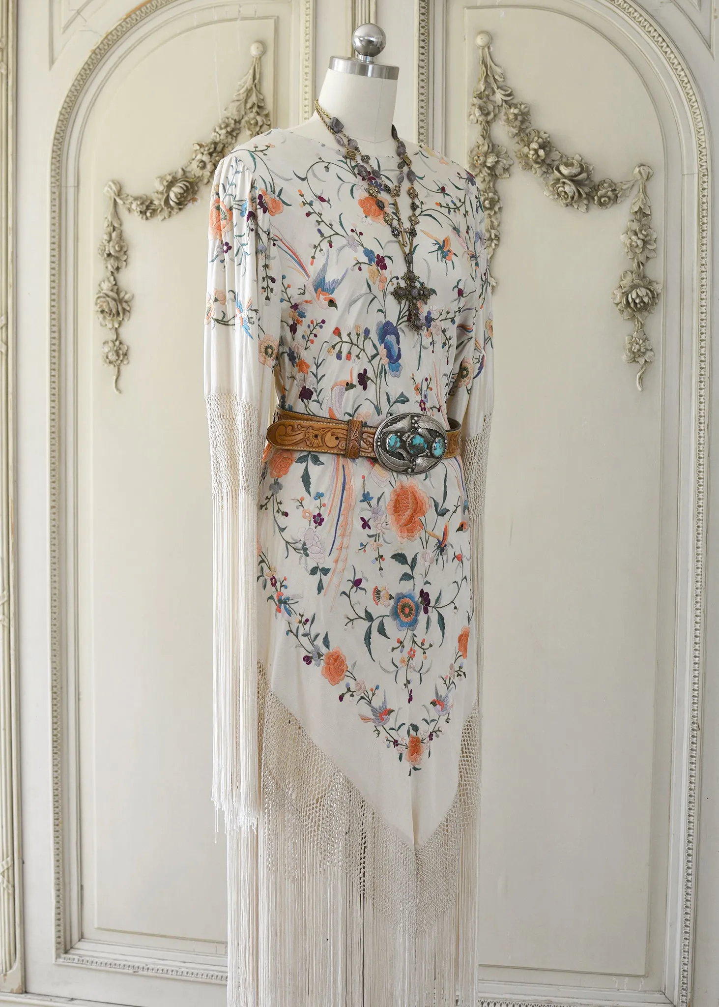 Francoise Antique Hand Embroidered Silk Crepe Parisian Garden Dress with Birds