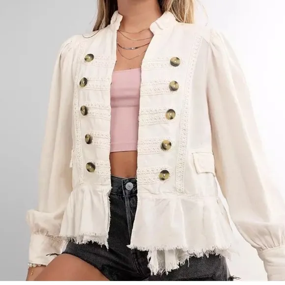Free People Ariana Lace Trim Jacket- Linen and Viscose, Women’s Size Medium