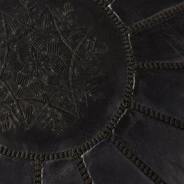 Genuine Leather Round Floral Pouf Ottoman - Black