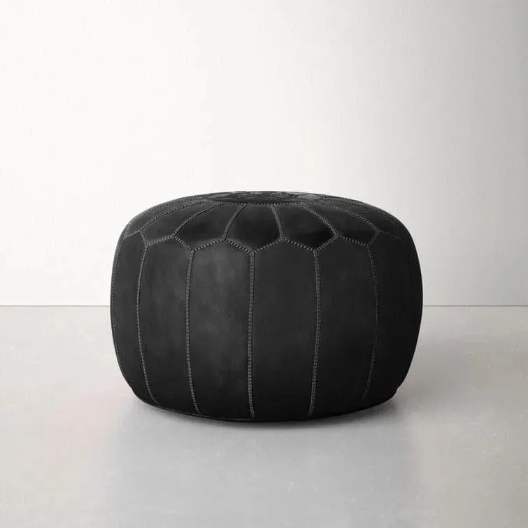Genuine Leather Round Floral Pouf Ottoman - Black