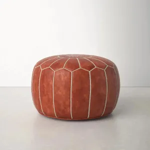 Genuine Leather Round Floral Pouf Ottoman - Brown