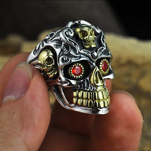 Genuine Solid 925 Sterling Silver Ring Skulls Garnet Gothic Hip Hop Jewelry Open Size 8-14