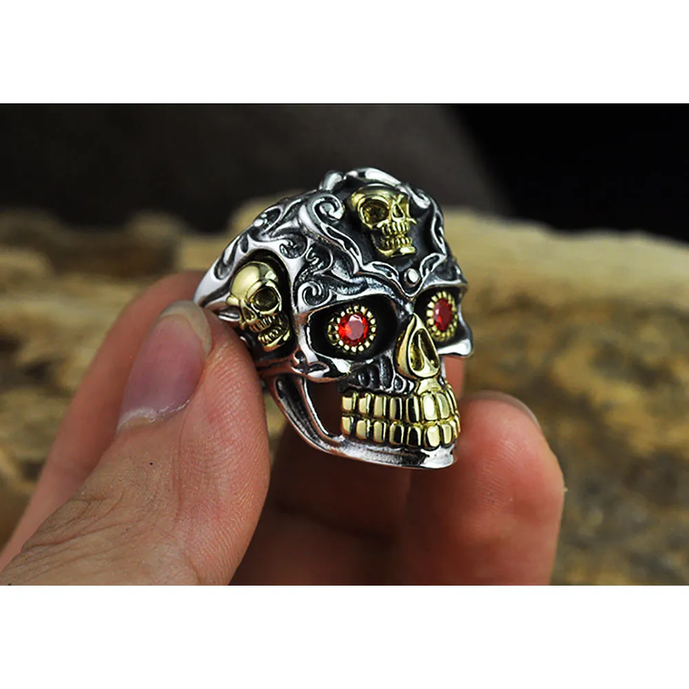 Genuine Solid 925 Sterling Silver Ring Skulls Garnet Gothic Hip Hop Jewelry Open Size 8-14