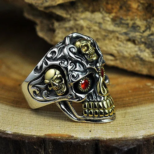 Genuine Solid 925 Sterling Silver Ring Skulls Garnet Gothic Hip Hop Jewelry Open Size 8-14