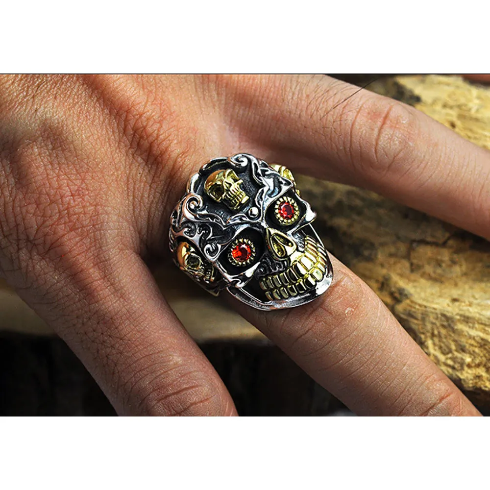 Genuine Solid 925 Sterling Silver Ring Skulls Garnet Gothic Hip Hop Jewelry Open Size 8-14