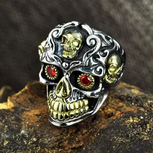 Genuine Solid 925 Sterling Silver Ring Skulls Garnet Gothic Hip Hop Jewelry Open Size 8-14