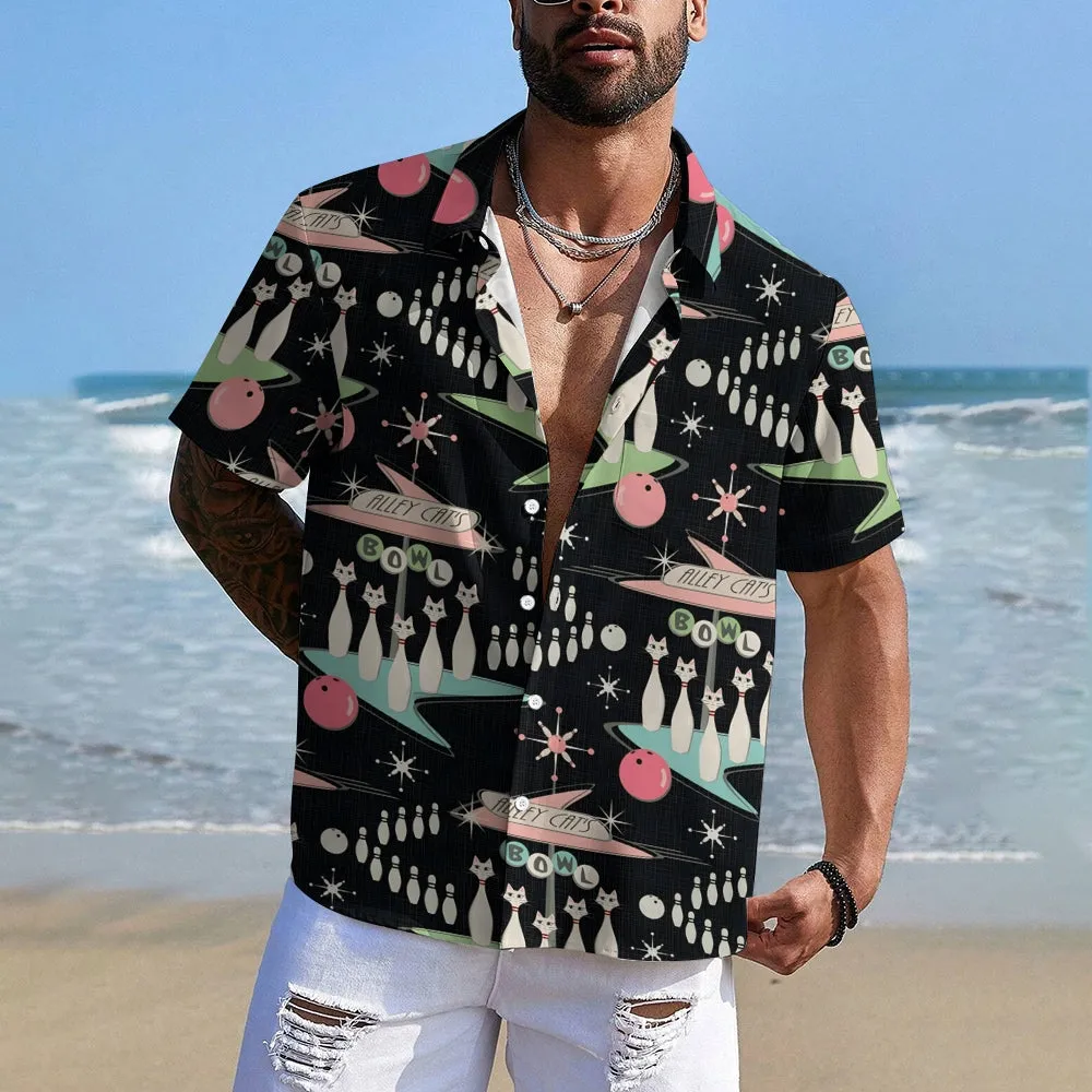 Geometric Cat Bowling Print Short Sleeve Shirt 2405000463