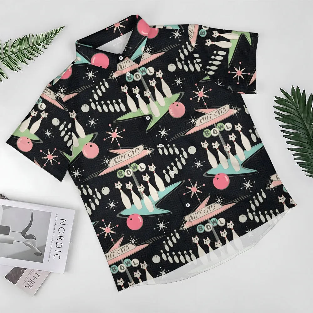 Geometric Cat Bowling Print Short Sleeve Shirt 2405000463