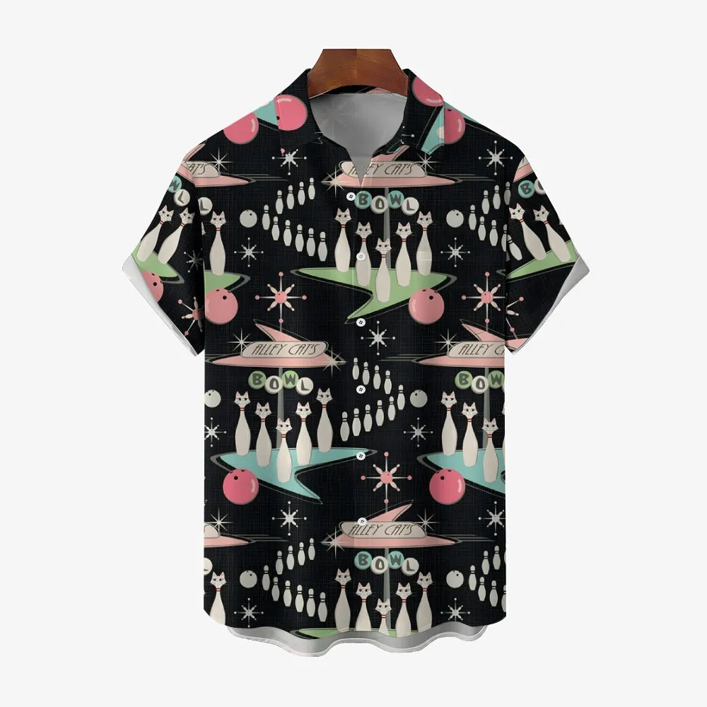 Geometric Cat Bowling Print Short Sleeve Shirt 2405000463