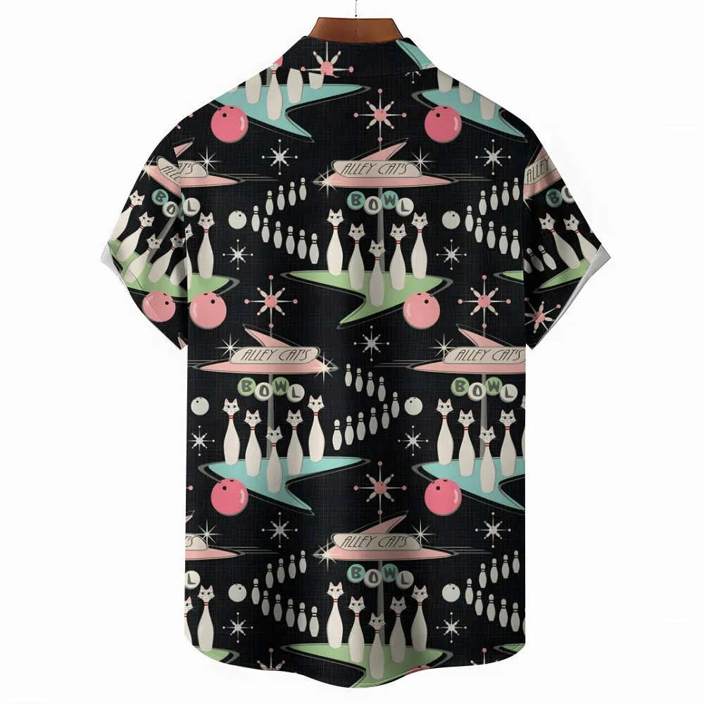 Geometric Cat Bowling Print Short Sleeve Shirt 2405000463