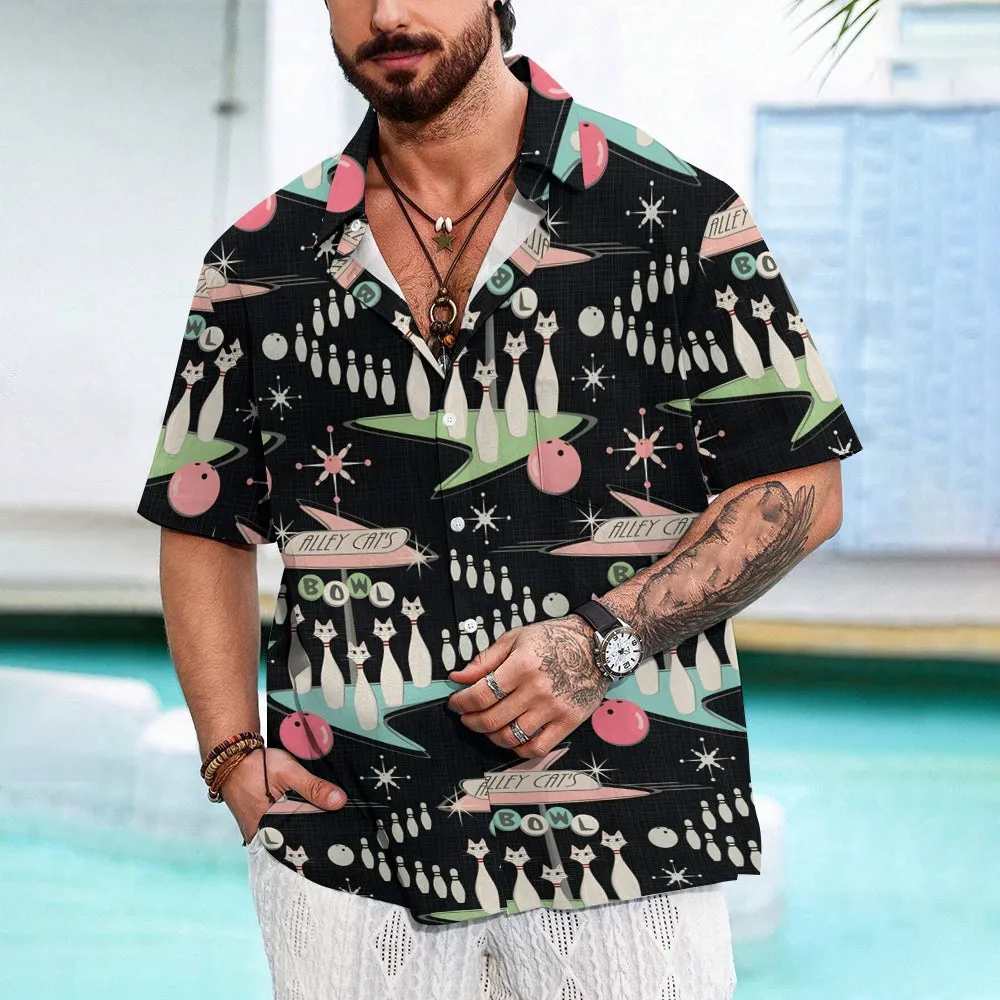 Geometric Cat Bowling Print Short Sleeve Shirt 2405000463