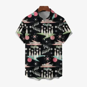 Geometric Cat Bowling Print Short Sleeve Shirt 2405000463
