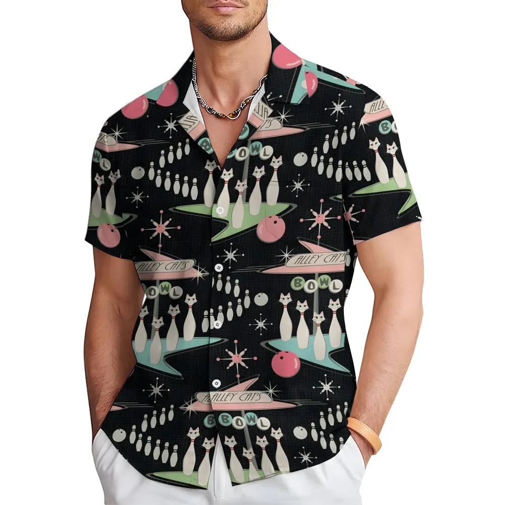 Geometric Cat Bowling Print Short Sleeve Shirt 2405000463