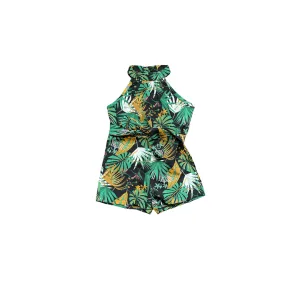 Girls High Neck Belted Tropical Print Romper
