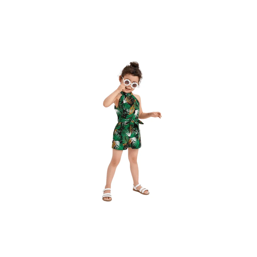 Girls High Neck Belted Tropical Print Romper