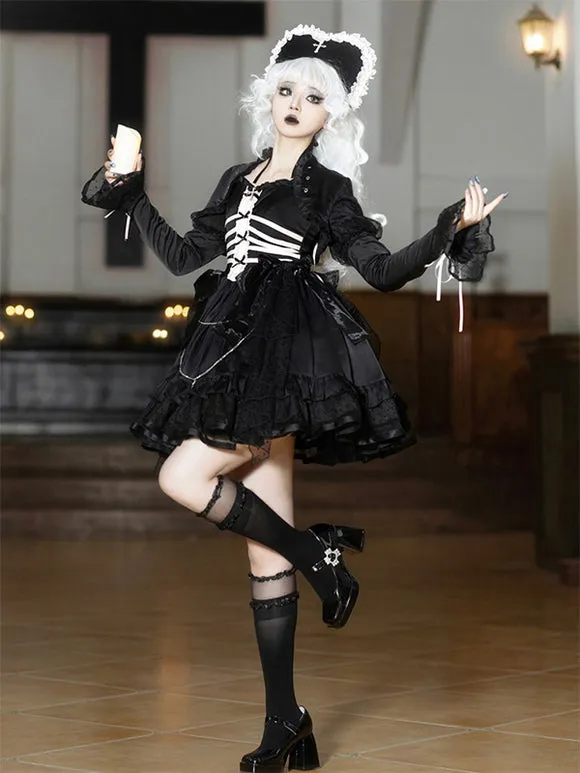 Gothic Lolita Dresses Ruffles Lace Up Polka Dot Black Black