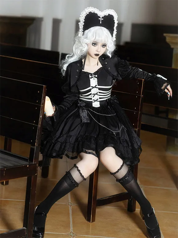 Gothic Lolita Dresses Ruffles Lace Up Polka Dot Black Black