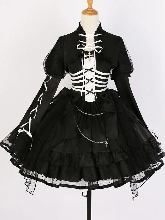 Gothic Lolita Dresses Ruffles Lace Up Polka Dot Black Black