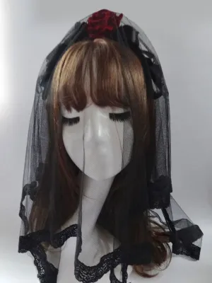 Gothic Lolita Headdress Tulle Lace Flower Black Lolita Veil