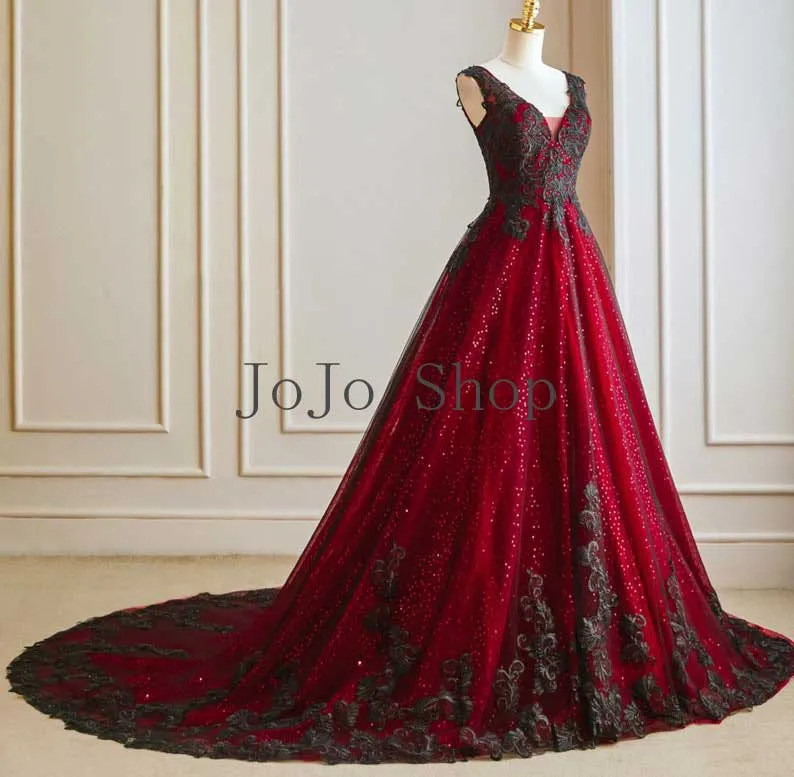 Halloween Gothic Red and Black Lace Wedding Dress ET3035