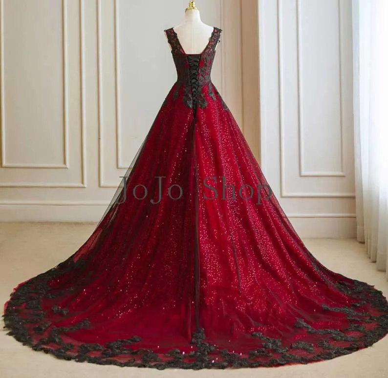 Halloween Gothic Red and Black Lace Wedding Dress ET3035