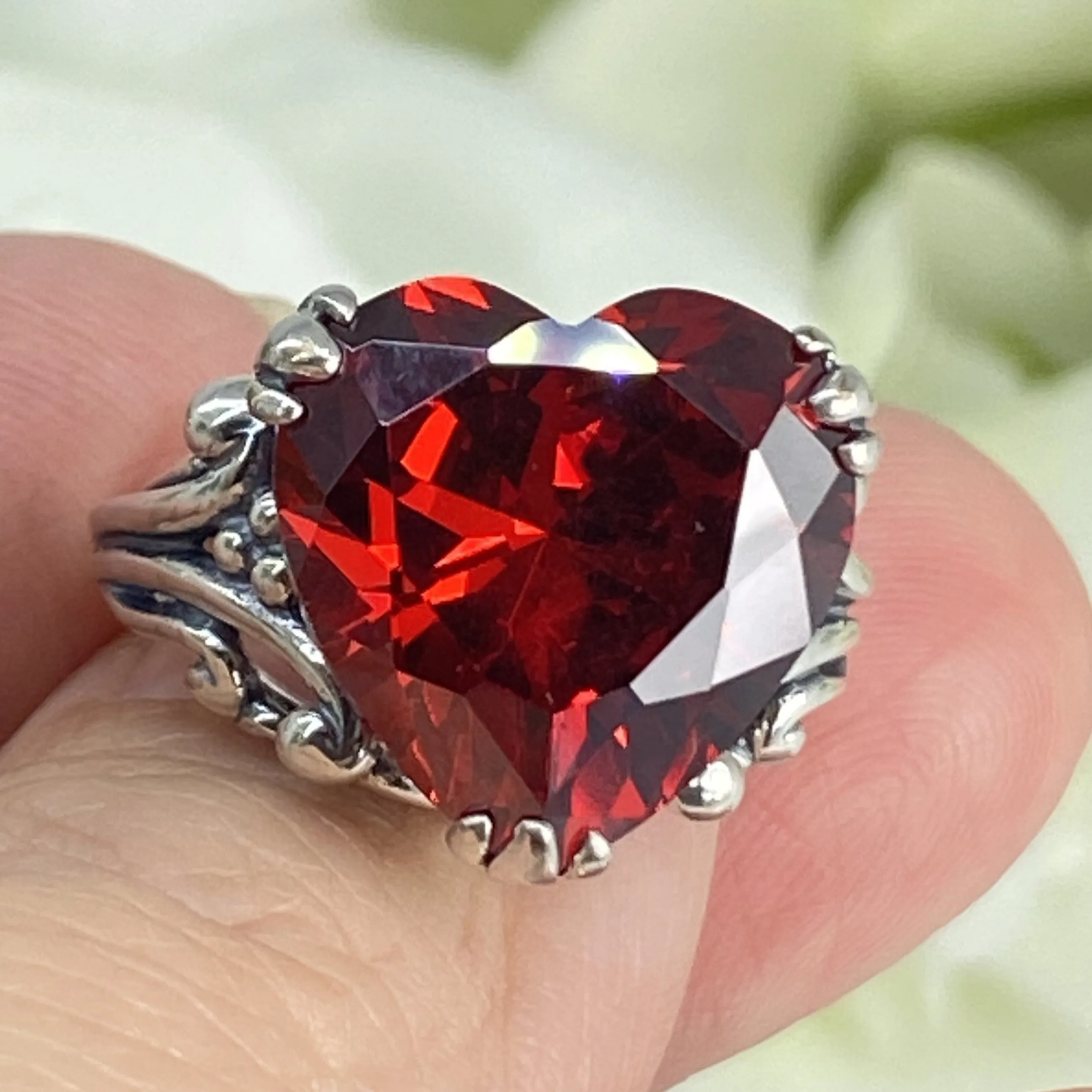 Heart Ring, Size 7, Red Garnet CZ, Art Deco Jewelry #D213 - Ready to Ship