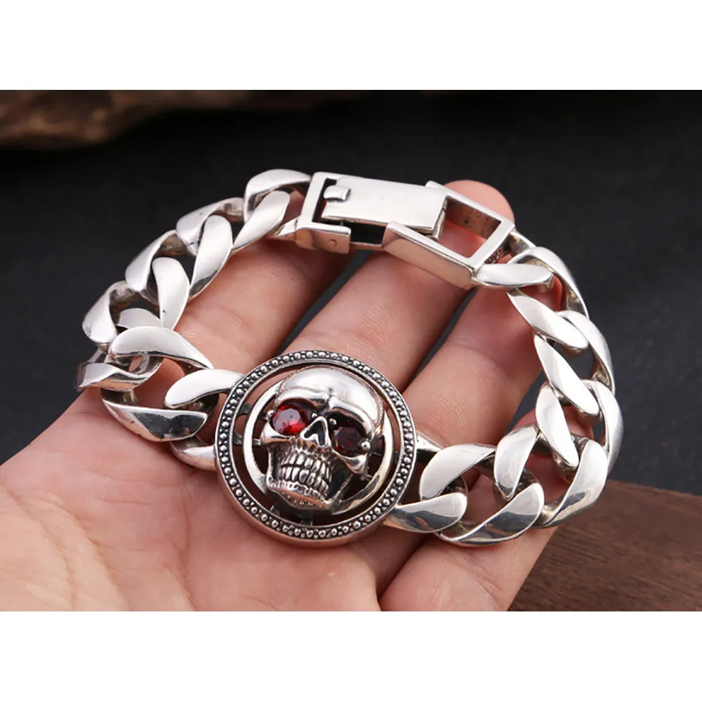 Heavy Huge Solid 925 Sterling Silver Bracelet Miami Cuban Chain Red Eye Skulls 7.1"-9.4"