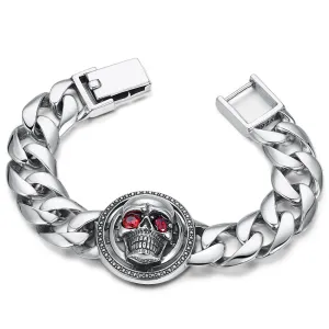 Heavy Huge Solid 925 Sterling Silver Bracelet Miami Cuban Chain Red Eye Skulls 7.1"-9.4"