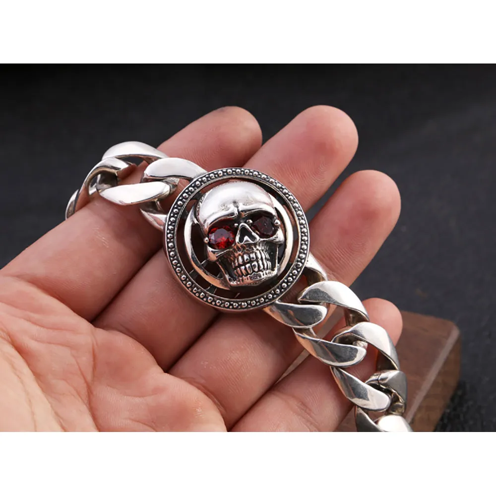 Heavy Huge Solid 925 Sterling Silver Bracelet Miami Cuban Chain Red Eye Skulls 7.1"-9.4"