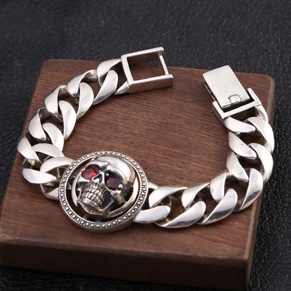 Heavy Huge Solid 925 Sterling Silver Bracelet Miami Cuban Chain Red Eye Skulls 7.1"-9.4"