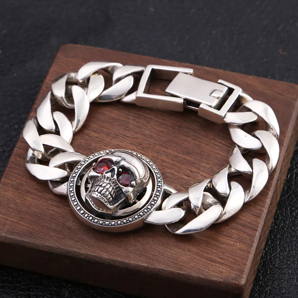 Heavy Huge Solid 925 Sterling Silver Bracelet Miami Cuban Chain Red Eye Skulls 7.1"-9.4"