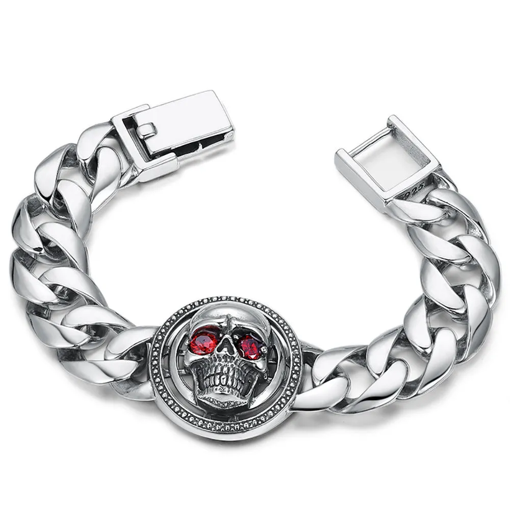 Heavy Huge Solid 925 Sterling Silver Bracelet Miami Cuban Chain Red Eye Skulls 7.1"-9.4"