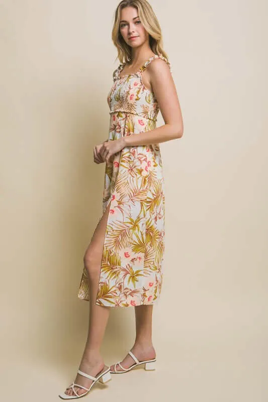 Hit the Tropics Tropical Print Midi Sundress in Natural/Peach