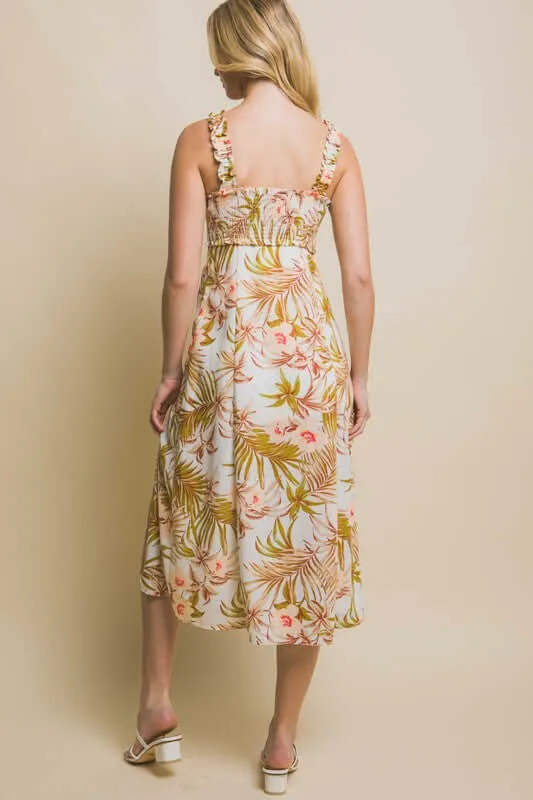 Hit the Tropics Tropical Print Midi Sundress in Natural/Peach