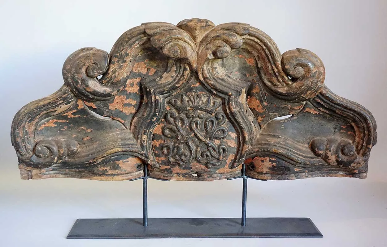 Indo-Portuguese Painted Teak Altar Architectural Panel with Royal Crest