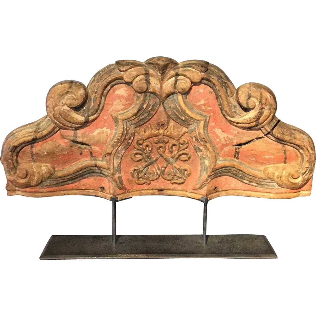 Indo-Portuguese Painted Teak Altar Architectural Panel with Royal Crest