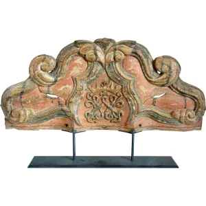 Indo-Portuguese Painted Teak Altar Architectural Panel with Royal Crest