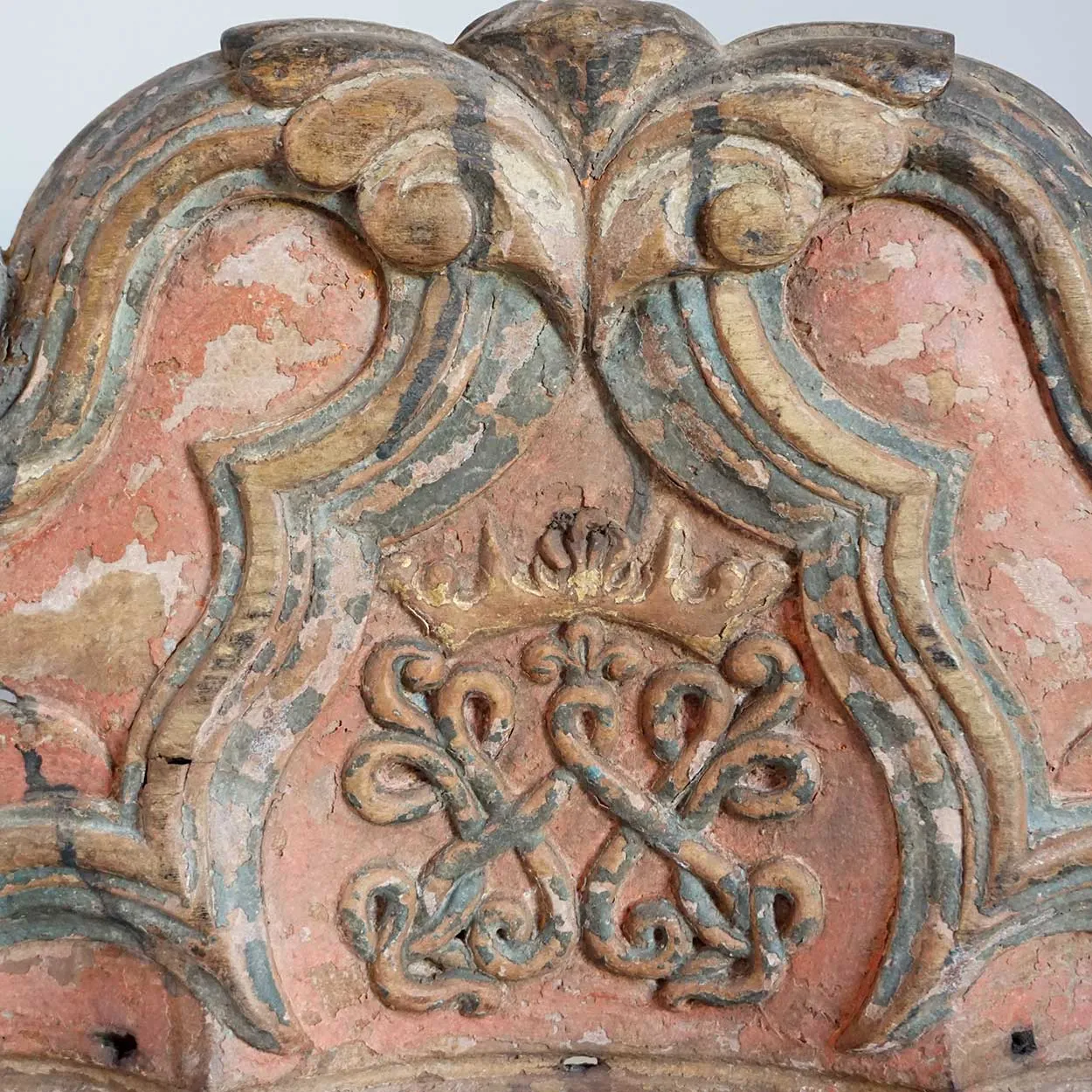 Indo-Portuguese Painted Teak Altar Architectural Panel with Royal Crest
