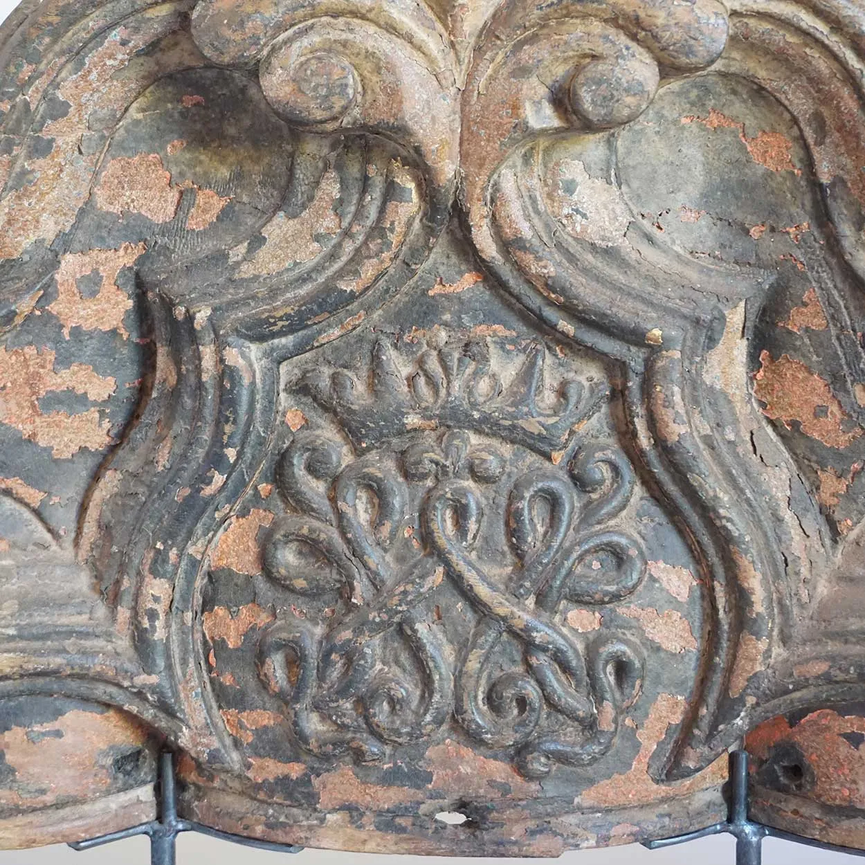 Indo-Portuguese Painted Teak Altar Architectural Panel with Royal Crest