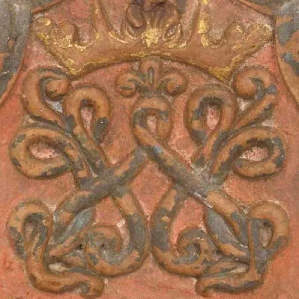 Indo-Portuguese Painted Teak Altar Architectural Panel with Royal Crest